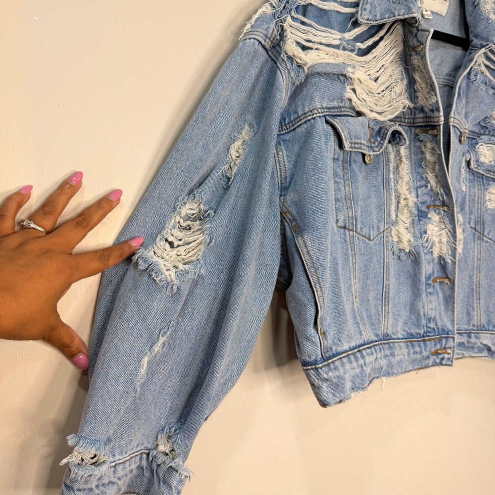 #163 SIGNATURE EIGHT Distressed Jacket PTP: 24.5" Oversized shredded Denim - Picture 3 of 12